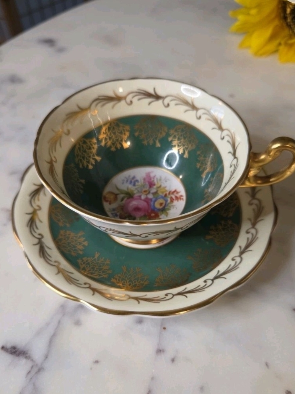 FOLEY Green and Gold Floral Porcelain Teacup and Saucer Set 1940's MINT